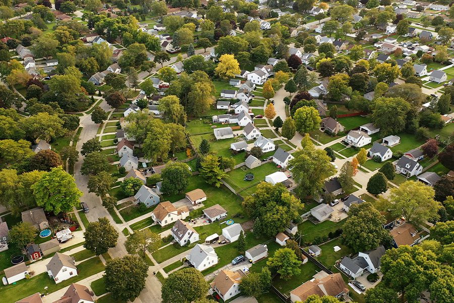 Contact - Aerial View of Ohio Suburban Neighborhood at Summertime